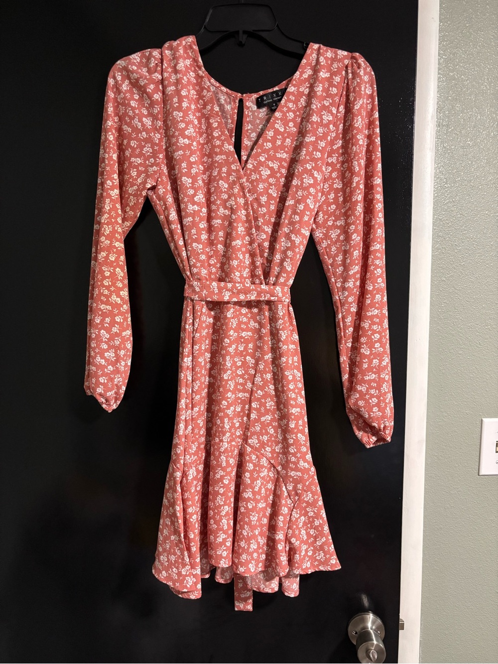 Trixxi Coral Floral Long-Sleeve Wrap Dress with Belt